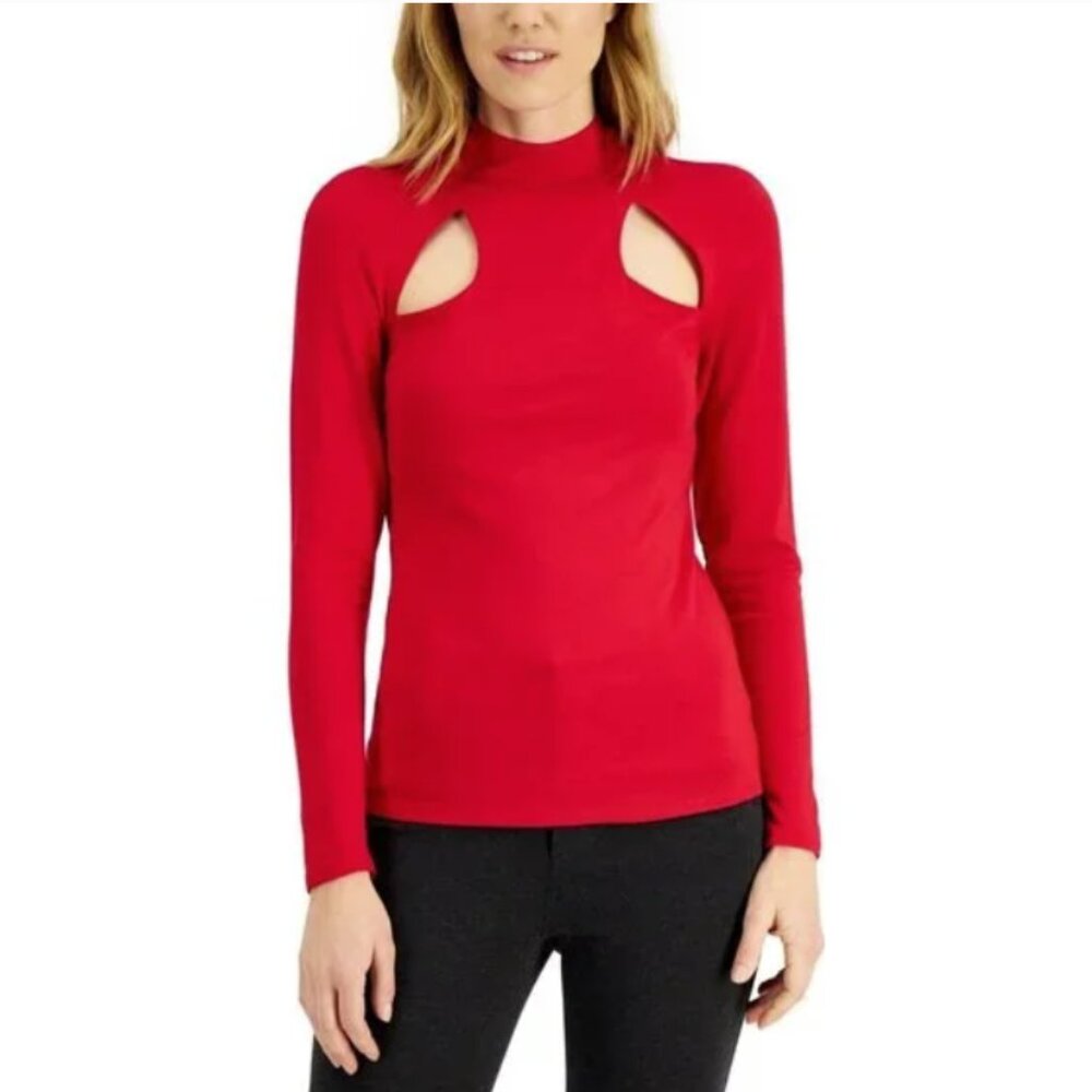 New INC International Concepts Red Cut Out Detail Long Sleeve Top Size‎ Large